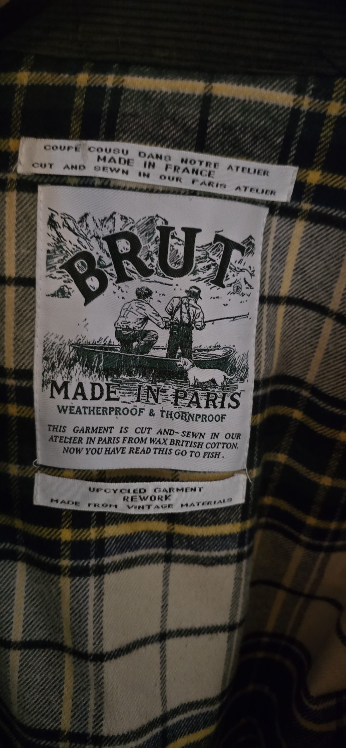 Brut Paris weatherproof jacket label photographed by Wax Jackets Cleaned