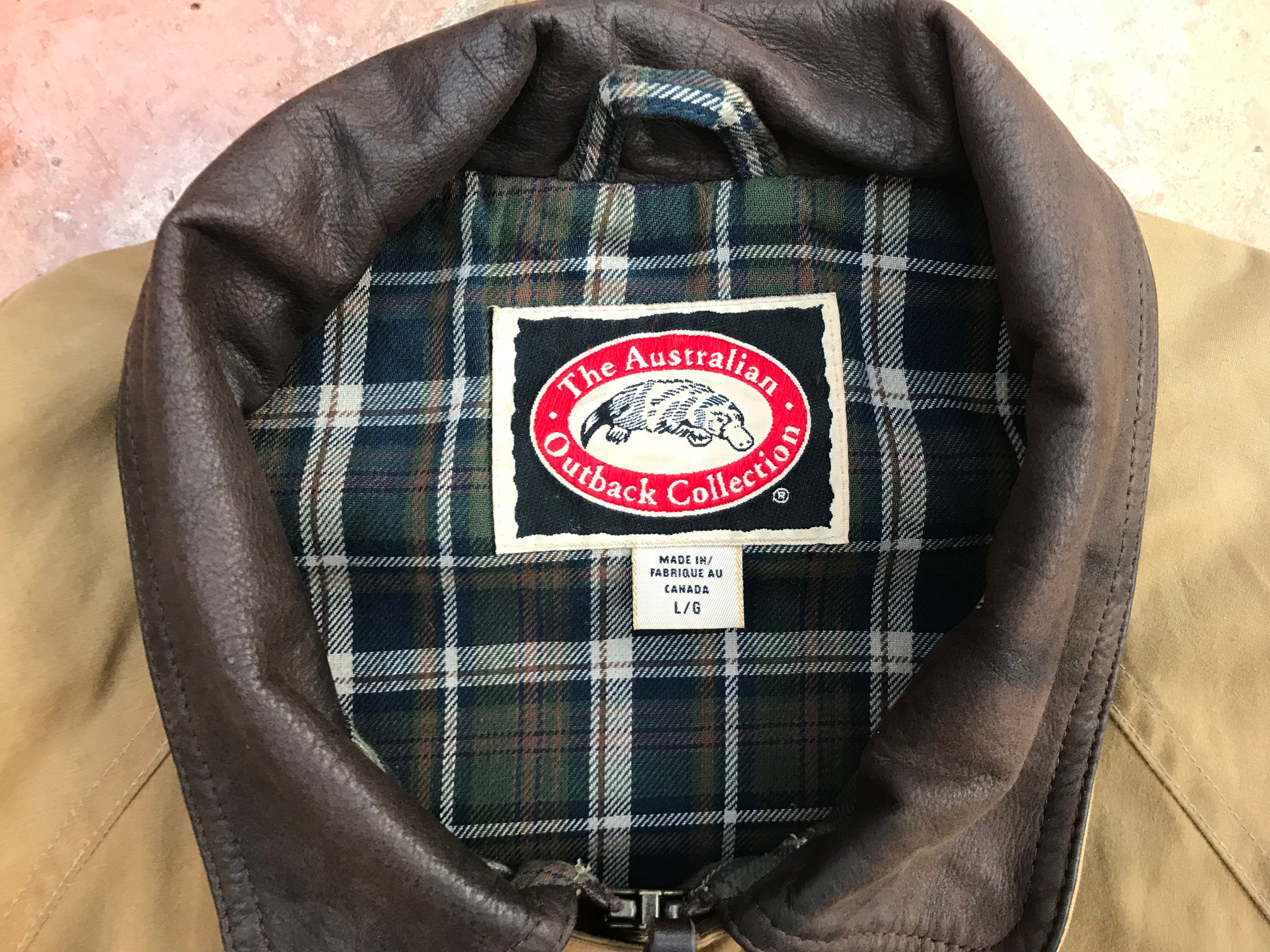 Australian Outback wax jacket label photographed on a garment worked on by Wax Jackets Cleaned