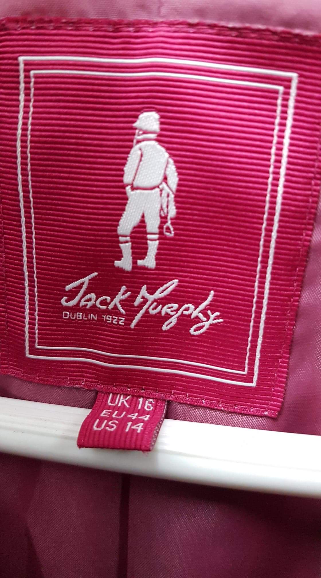 Jack Murphy Dublin jacket label photographed on a garment worked on by Wax Jackets Cleaned