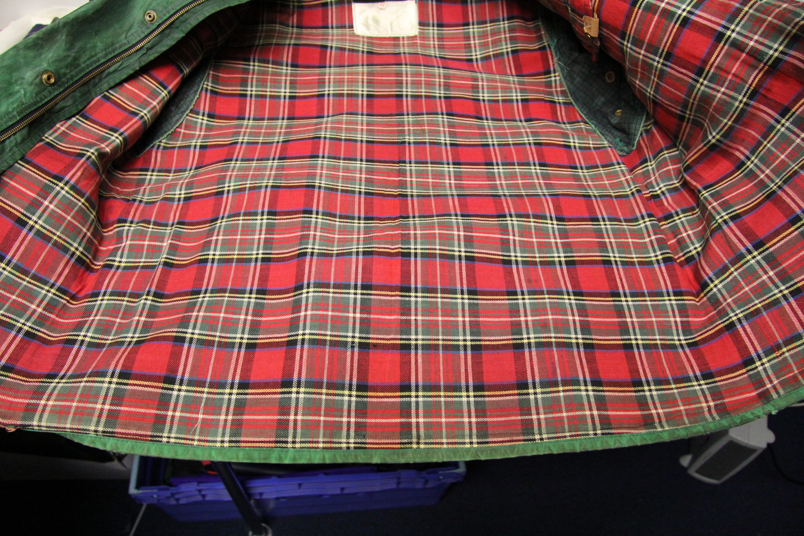 Tartan Belstaff lining after specialist inside cleaning