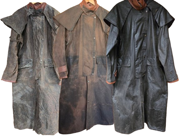Driza-Bone Stockman coat transformation showing the garment before cleaning, after cleaning and after professional re-waxing by Wax Jackets Cleaned